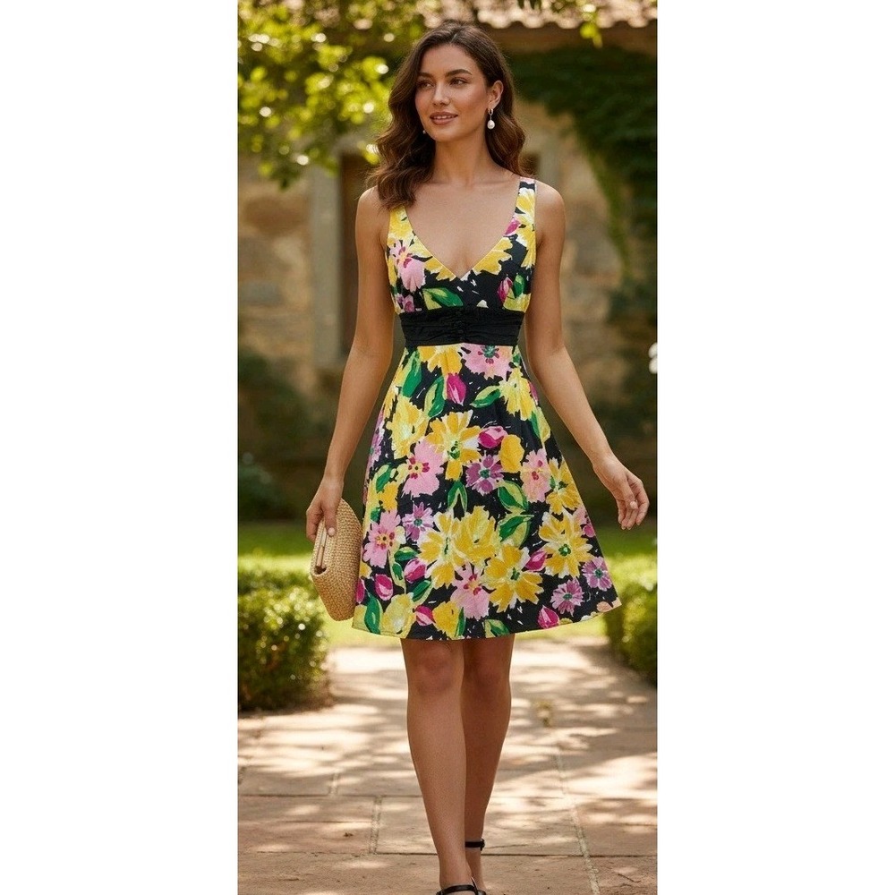 Y2K B.Smart Dress Bright Floral Empire‎ Waist Tie Sleeveless Fit & Flare Size 10